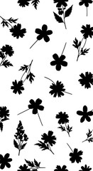 Fototapeta premium Black and White Floral Silhouette Pattern Background with Various Wildflowers and Leaves
