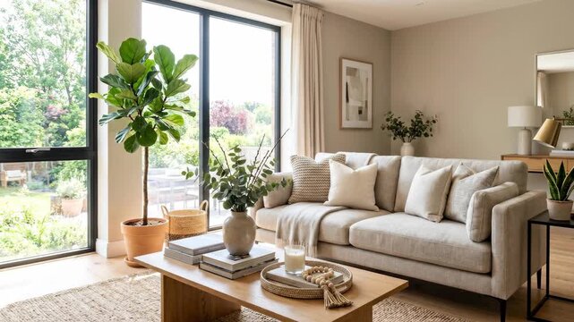 Panning shot of living room sofa and plants slowly revealed through large window in modern home interior during daytime