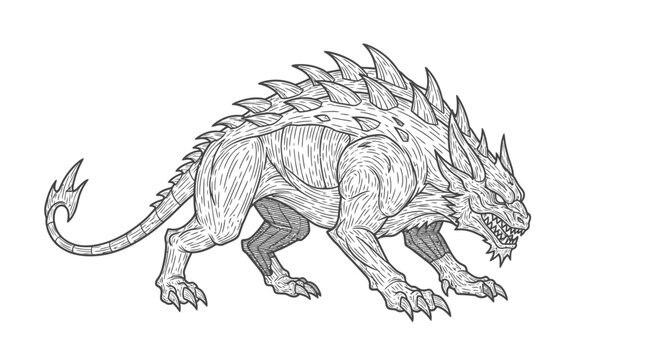Detailed grayscale drawing of a fearsome fantasy creature with spiky armor, a powerful mythical beast or monster illustration