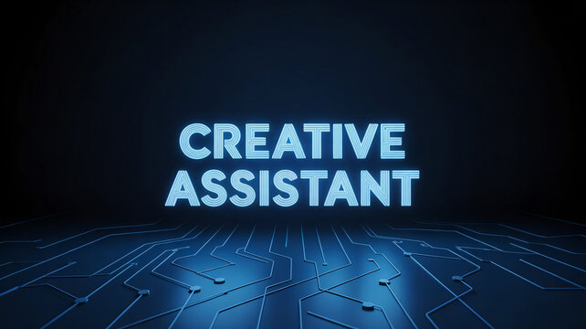 Neon blue circuit board, Creative Assistant text, futuristic technology background, glowing blue lines