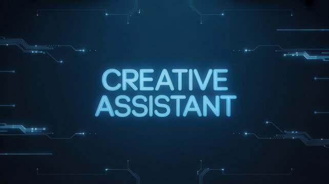 Neon blue Creative Assistant text on dark background with circuit board design