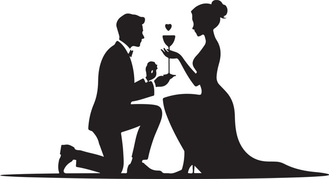 Silhouette of a man kneeling and proposing to a woman holding a wine glass with a heart icon above it, romantic wedding engagement concept