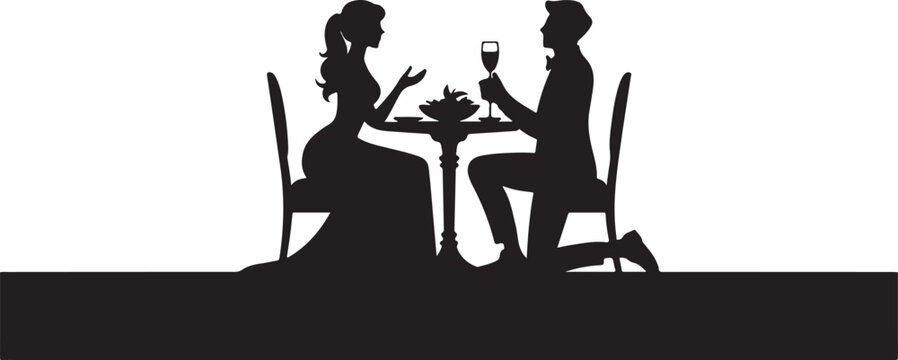 Silhouette of a romantic couple having a dinner date, man kneeling and proposing to a woman at a table with wine glasses and food