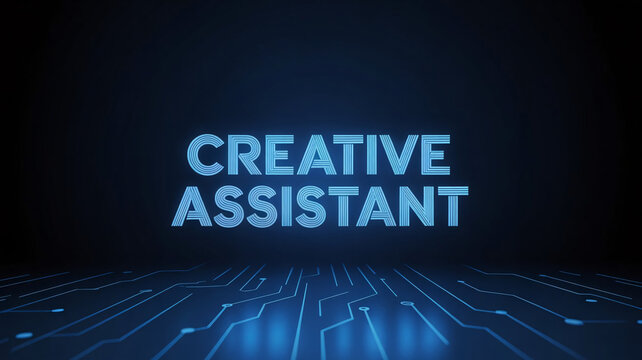 Glowing blue circuit board, Creative Assistant text, neon-lit tech background, futuristic design element