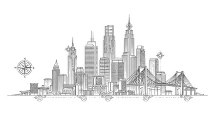 Fototapeta premium Detailed hand-drawn city skyline illustration with modern skyscrapers, bridges, and a compass rose. Urban architectural sketch.