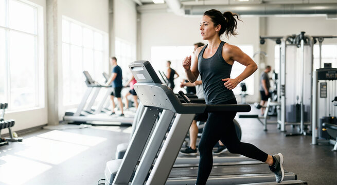 Young woman running on a treadmill in a modern gym. Female athlete doing cardio workout for stamina and weight loss. Fitness and health concept