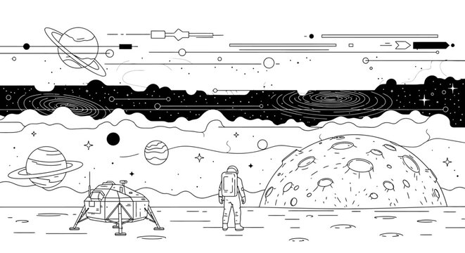 Monochrome vector illustration of an astronaut on a cratered moon surface with a lunar lander, planets, and galaxies in space background