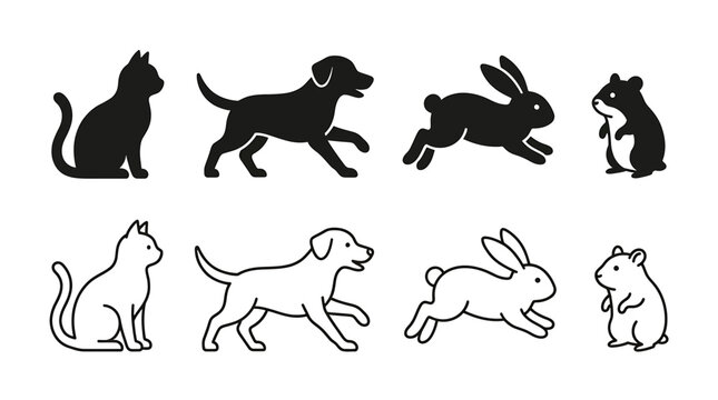 Set of pet animals icons, cat, dog, rabbit and hamster, silhouette and outline style