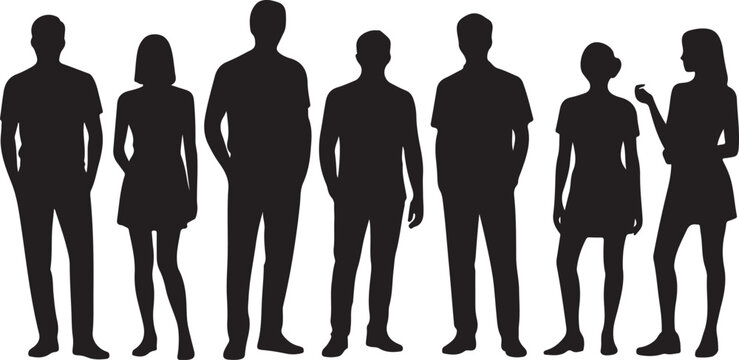 Seven adult human silhouettes standing in a row facing forward or side  people