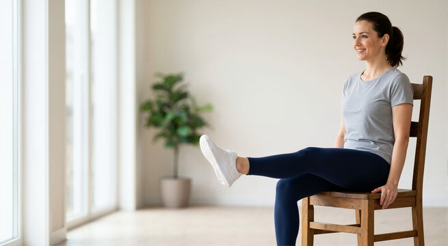Smiling woman performing seated leg extension at home. Low impact chair exercises for fitness and weight loss