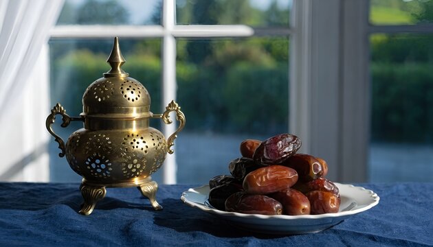 Ramadan Iftar: Dates and Ornate Lantern by Window