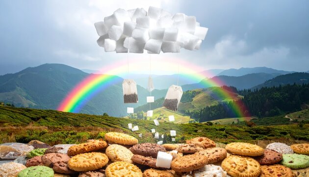 A whimsical cloud rains teabags and sugar cubes onto a field of cookies under a vibrant rainbow.