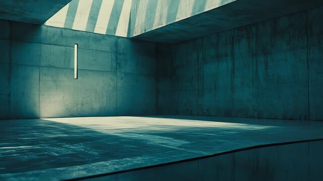 Brutalist concrete walls and a skylight creating dramatic shadows and reflections in a minimalist indoor water pool, evoking a sense of solitude and calm atmosphere