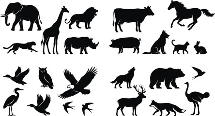 Fototapeta premium Wildlife Animal Silhouette Collection Featuring Mammals and Birds in Black Isolated Vector Style on White Background