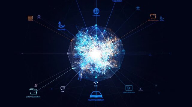 Abstract AI generative network with multi task capability icons. Futuristic artificial intelligence ecosystem connecting machine learning data, video creation, and digital transformation.