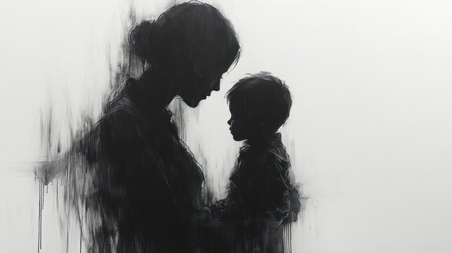 Mother and child silhouette, fading into abstract background, conveying love and connection