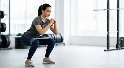 Fototapeta premium Woman doing squats with a resistance band in a gym. Fitness training for lower body strength