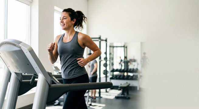 Smiling woman running on a treadmill in a bright gym. Female athlete doing cardiovascular workout to burn calories. Active lifestyle and fitness concept. Copy space for text