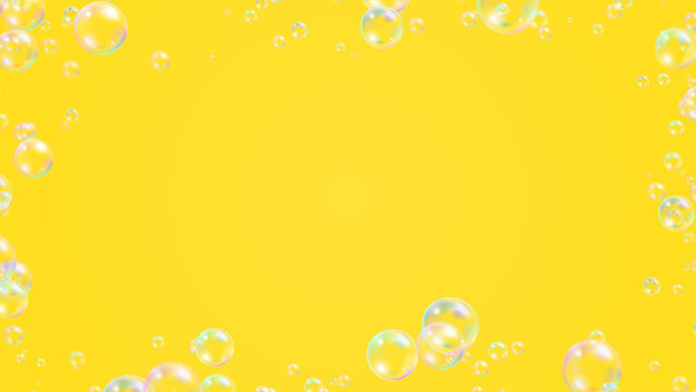 Floating Soap Bubble Border Frame on yellow background ,air bubbles cosmetics and cleaning social media design element