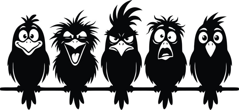 Funny Cartoon Black Birds on Wire Silhouette Vector Illustration Set 
