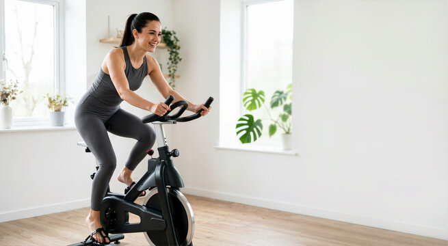 Cheerful woman riding stationary exercise bike in bright room. Female doing indoor cardio cycling workout for weight loss at home. Copy space for text