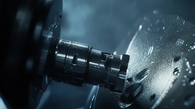 Industrial cnc machine fabricating high precision metal parts, with coolant liquid ensuring optimal temperature and smooth operation during the manufacturing process in a factory environment