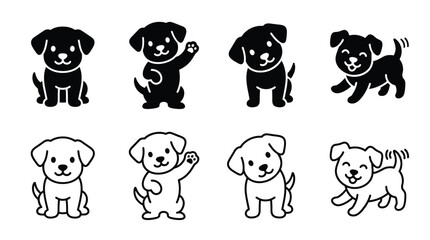Fototapeta premium Set of cute puppy icons in black and white styles