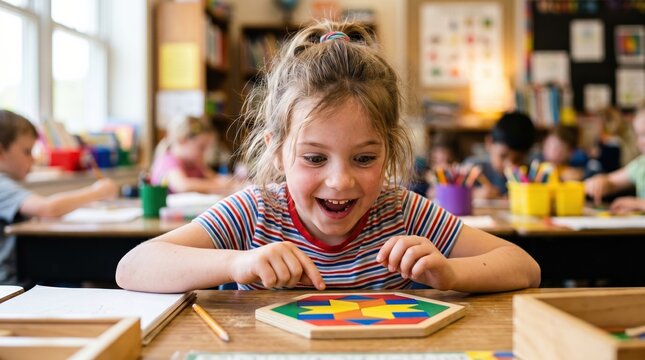Enthusiastic young girl solving geometric puzzle at school desk. Early childhood education, STEM learning and development in classroom.