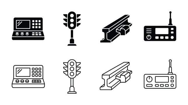 Set of transportation and communication equipment icons including traffic light, railway track, radio transceiver and control console