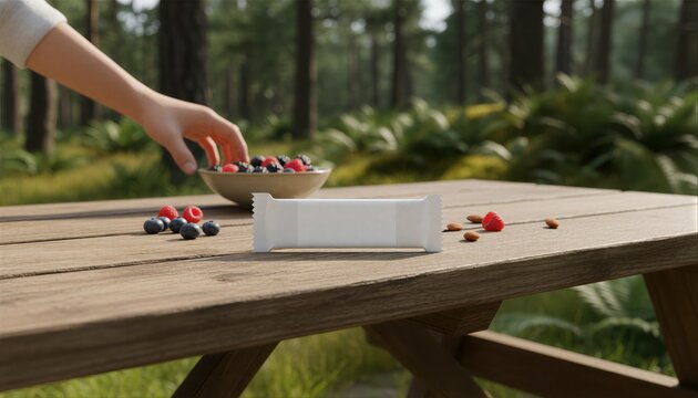White snack bar with label on forest picnic table