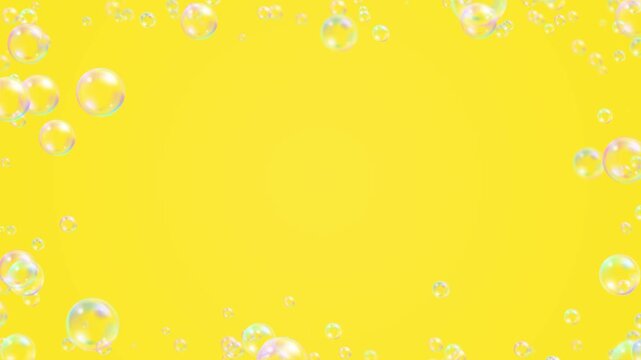 Floating Soap Bubble Border Frame on yellow background animation,air bubbles cosmetics and cleaning social media motion design element