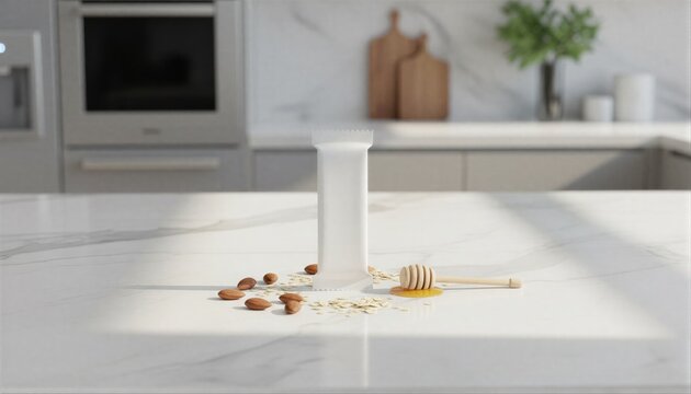 White snack bar with oats and almonds on marble counter