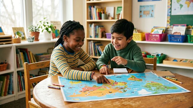 Two diverse elementary students studying a world map together in a classroom. Global education, geography and collaborative learning concept.