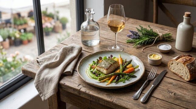Almuerzo saludable de pescado asado, vegetales y vino blanco