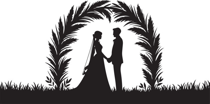 Silhouette of a bride and groom holding hands under a floral wedding arch in a field