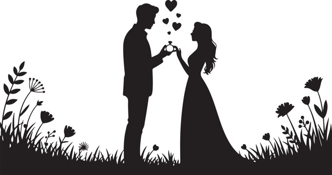 Silhouette of a man proposing to a woman with a ring in a flower field with hearts floating above them, romantic marriage proposal concept