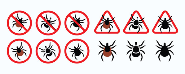 Collection of tick warning and prohibition signs for insect parasite control and safety. © MehediHasan