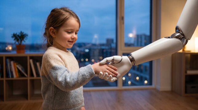 Mano rob&oacute;tica estrechando mano infantil