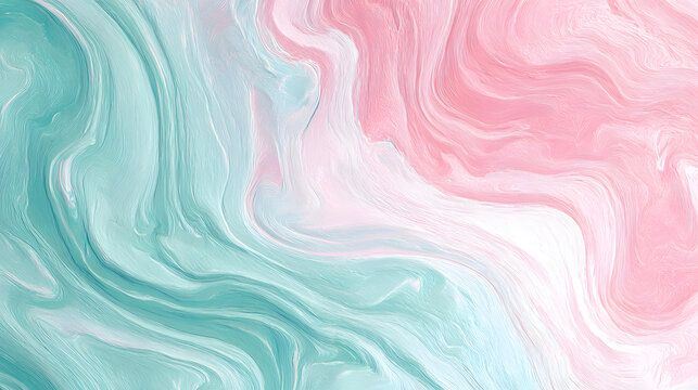 Abstract oil paint texture featuring smooth flowing waves of soft pastel pink and mint green colors in a decorative pattern