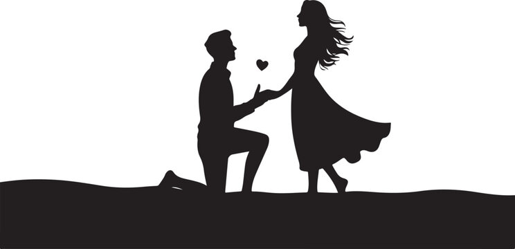 Silhouette of a man proposing to a woman on one knee, romantic couple holding hands with a heart icon above them, love and marriage concept