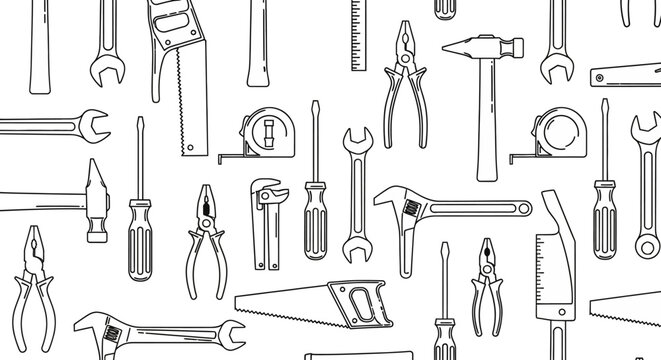 Seamless line art pattern of various hand tools like wrenches, screwdrivers, hammers, and saws for construction and DIY projects.