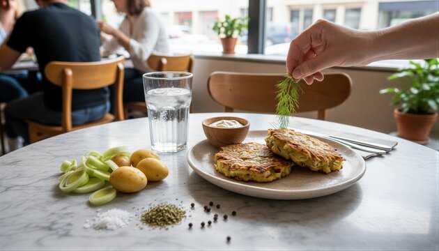 Woman garnishing fresh vegetable fritters during a busy cafe brunch