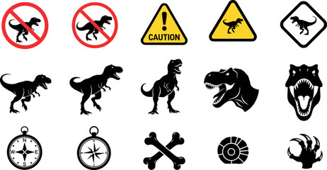 Dinosaur Warning and Jurassic Icon Collection Featuring Tyrannosaurus Rex Silhouettes, Caution Signs, Fossils, and Prehistoric Adventure Symbols for Design Projects © EdGe Creative