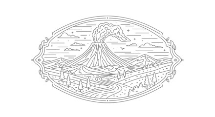 Naklejka premium Monoline line art illustration of an erupting volcano in a scenic natural landscape, surrounded by mountains, river, trees, and clouds.