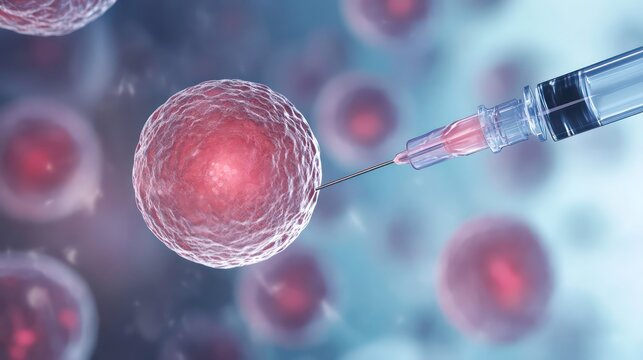Medical needle injection into human egg cell microscopy detail, IVF In vitro fertilization as imagined -