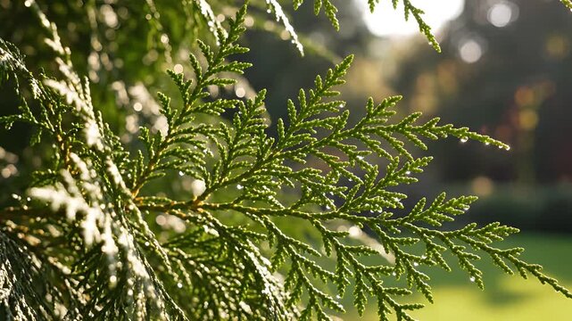 Closeup of lush green cedar tree branches in soft sunlight.