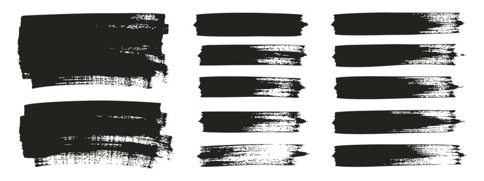 Straight line vector brush strokes, black hand drawn stripes and smears, paint roller line textures, rough grunge linocut stamp style thick paint marks, sketchy rectangle textbox pack for design eleme