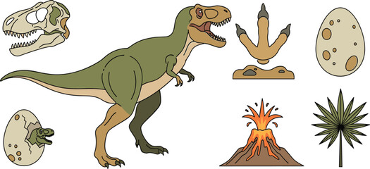 Dinosaur and Prehistoric Vector Collection Featuring Tyrannosaurus Rex, Fossils, Volcano, Dinosaur Egg, and Jurassic Era Elements for Educational Designs © EdGe Creative