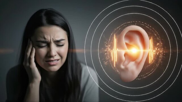 Woman suffering acute auditory pain, a sound wave visualization impacting the aural organ, representing hearing problems, deafness, ear diseases, medical concerns