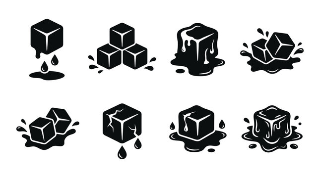 Ice Cube Collection With Water Droplets Black Silhouette